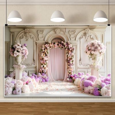 ChloropLastid 15x8ft Wedding Floral Photography Backdrop European Palace Hall Arch Pink Romantic Flower Background for Wedding Bridal Shower Women Girls Birthday Party Decoration Photo Props