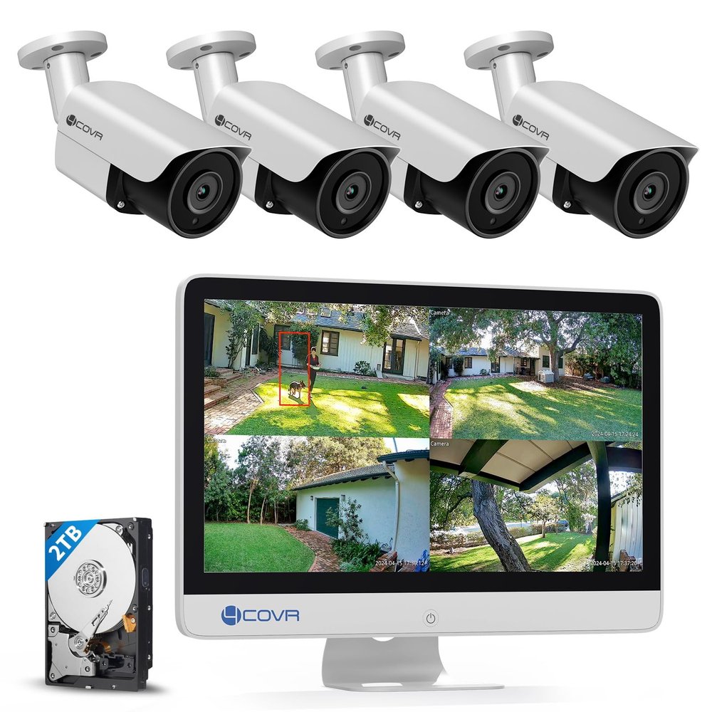 4COVR 4K PoE Security Camera System with Monitor, 8CH 8MP H.265 UHD NVR with Monitor Pre-Installed 2TB HDD, 4Pcs 8MP IR Bullet Wired PoE IP Camera IP67, Person Vehicle Detection, LY37EX8MU804