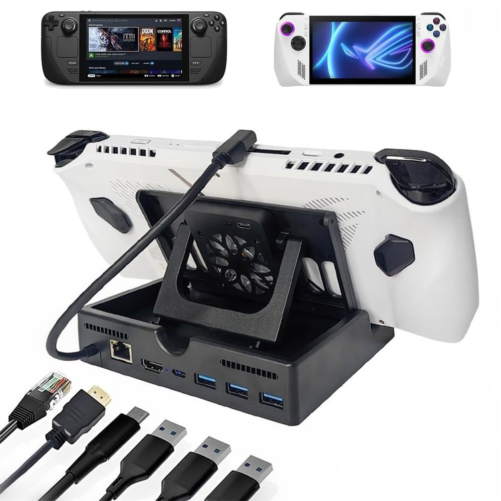 6 ind 1 Docking Station with Cooling Fan for Asus Rog Alloy Z1 Xtreme/Steam Deck OLED, Charging Dock Hub with HDMI 2.0 4K@60Hz & USB 3.0 Port *3 & Gigabit Enternet (6 in 1)