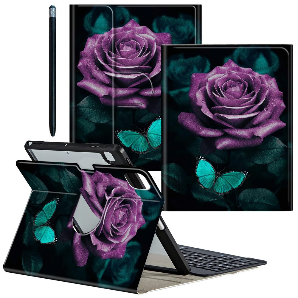 CGFGHHUY for iPad Pro 12.9 Case 6th/5th/4th Generation 2022/2021/2020 Detachable Wireless Keyboard & 360 Rotating Stand PU Leather Cover with Pen Holder Protective Case - Flower and Butterfly