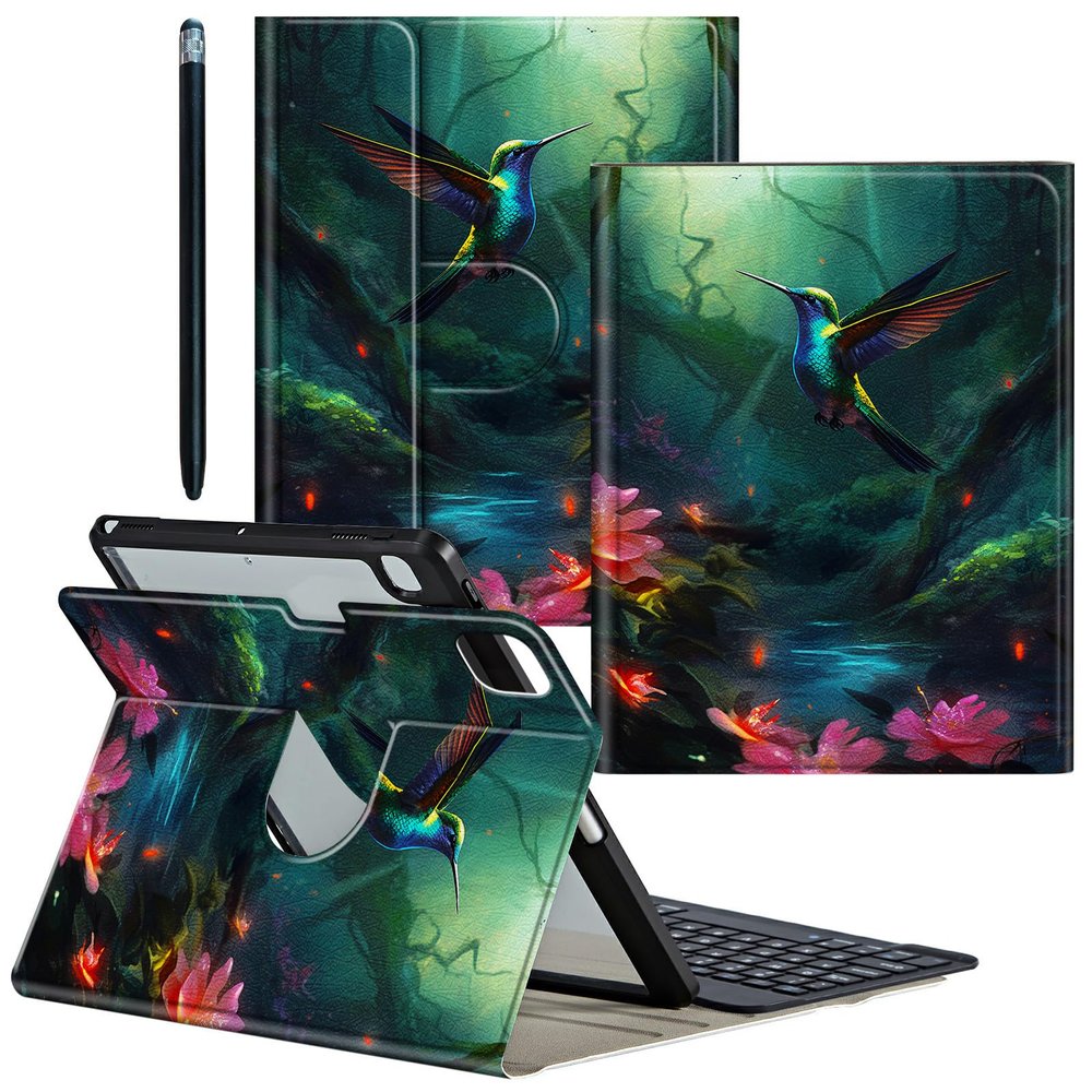 CGFGHHUY for iPad Pro 12.9 Case 6th/5th/4th Generation 2022/2021/2020 Detachable Wireless Keyboard & 360 Rotating Stand PU Leather Cover with Pen Holder Protective Case - Green Forest Hummingbird