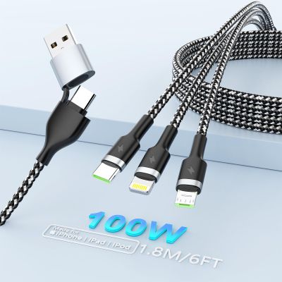 100W USB C 5 in 1 Multi Charger Cable, 6FT Fast Charging Cable, USB A/C to Phone Charger With Lightning/Type C/Micro USB, Braided Adapter Cord for MacBook/iPhone/iPad/Samsung
