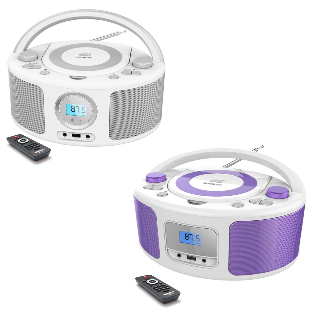 CD Radio Portable CD Player Boombox with Bluetooth,FM Radio,Remote Control,USB Input and 3.5mm AUX Headphone Jack,CD-R/CD-RW/MP3/WMA Playback,AC/Battery Powered(White+Purple)