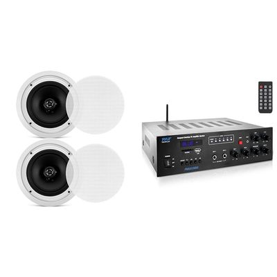 Pyle 8" Ceiling Speakers, Bluetooth 500W PA Amplifier - Pair of in-Wall Stereo Sound Midbass Woofer Speaker System with Public Address Receiver