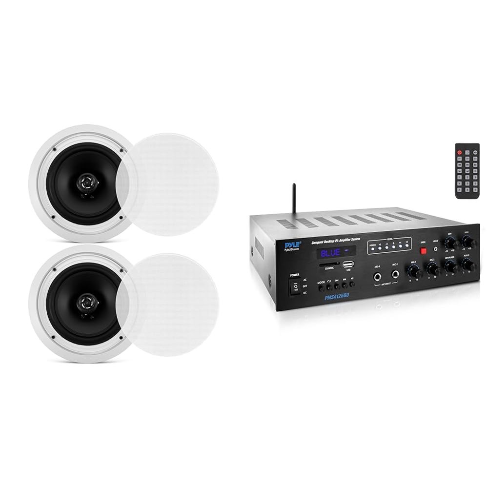 Pyle 8" Ceiling Speakers, Bluetooth 500W PA Amplifier - Pair of in-Wall Stereo Sound Midbass Woofer Speaker System with Public Address Receiver