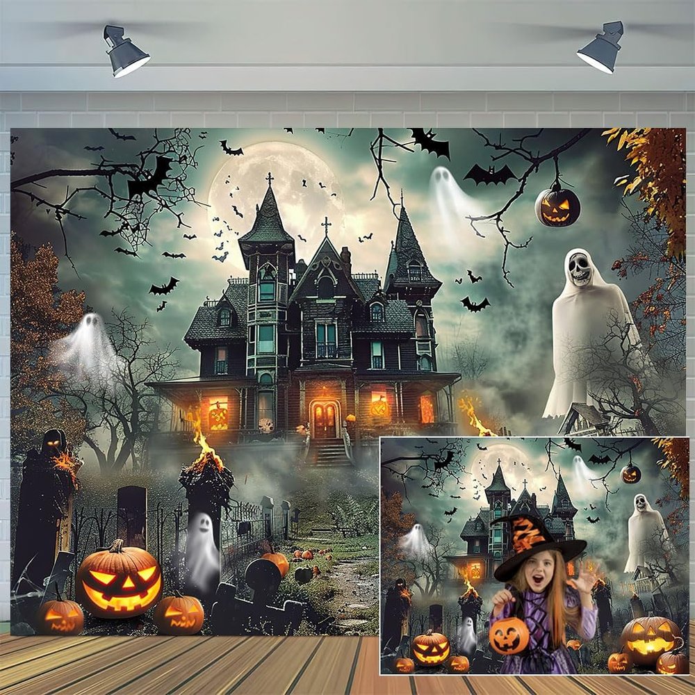 12x10ft Happy Halloween Backdrop Full Night Moon Halloween Backdrops Scary Castle Graveyard Pumpkin Lantern Background for Kids Adult Family Party Decorations Photo Studio Props