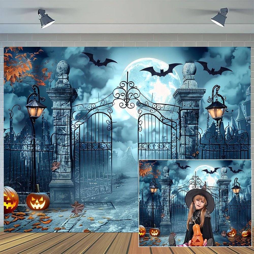15x10ft Happy Halloween Haunted Graveyard Backdrop Pumpkin Lantern Spooky Night Moon Background Kids Ghost Party Decorations Photography Banner Photo Booth Studio Props