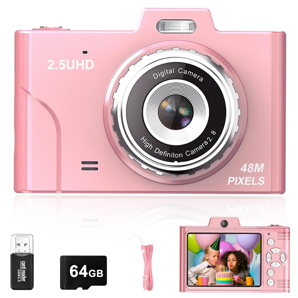 Digital Camera for Kids, 48MP 1080P FHD Camera with 64GB Card, 8X Digital Zoom Point and Shoot Digital Camera Compact Small Camera Gifts for Teens Students Children Kids Boys Girls(Pink)