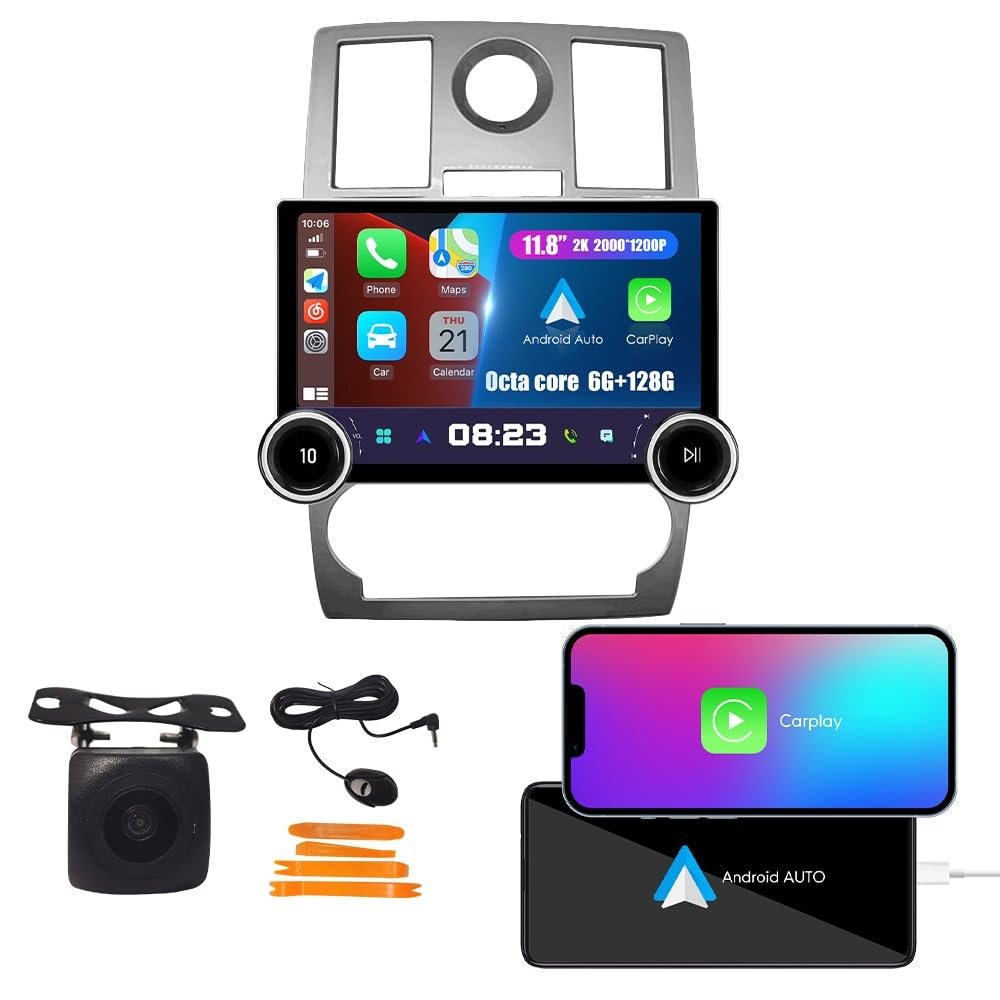 Physical Display Knobs CarPlay/Android Auto Autoradio AM/FM Radio Car Navigation Stereo Player GPS 11.8" QLED Touch Screen BT WiFi 2 Din Headunit Tablet for Chrysler 300 2005-2010 Octa Core 6G+128G