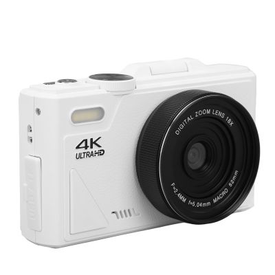 4K Digital Camera, Compact Travel Camera, 64MP 18X Zoom Autofocus Retro Compact Digital Camera with 3 Inch Flip Screen for Travel Photography Vlogging (White)