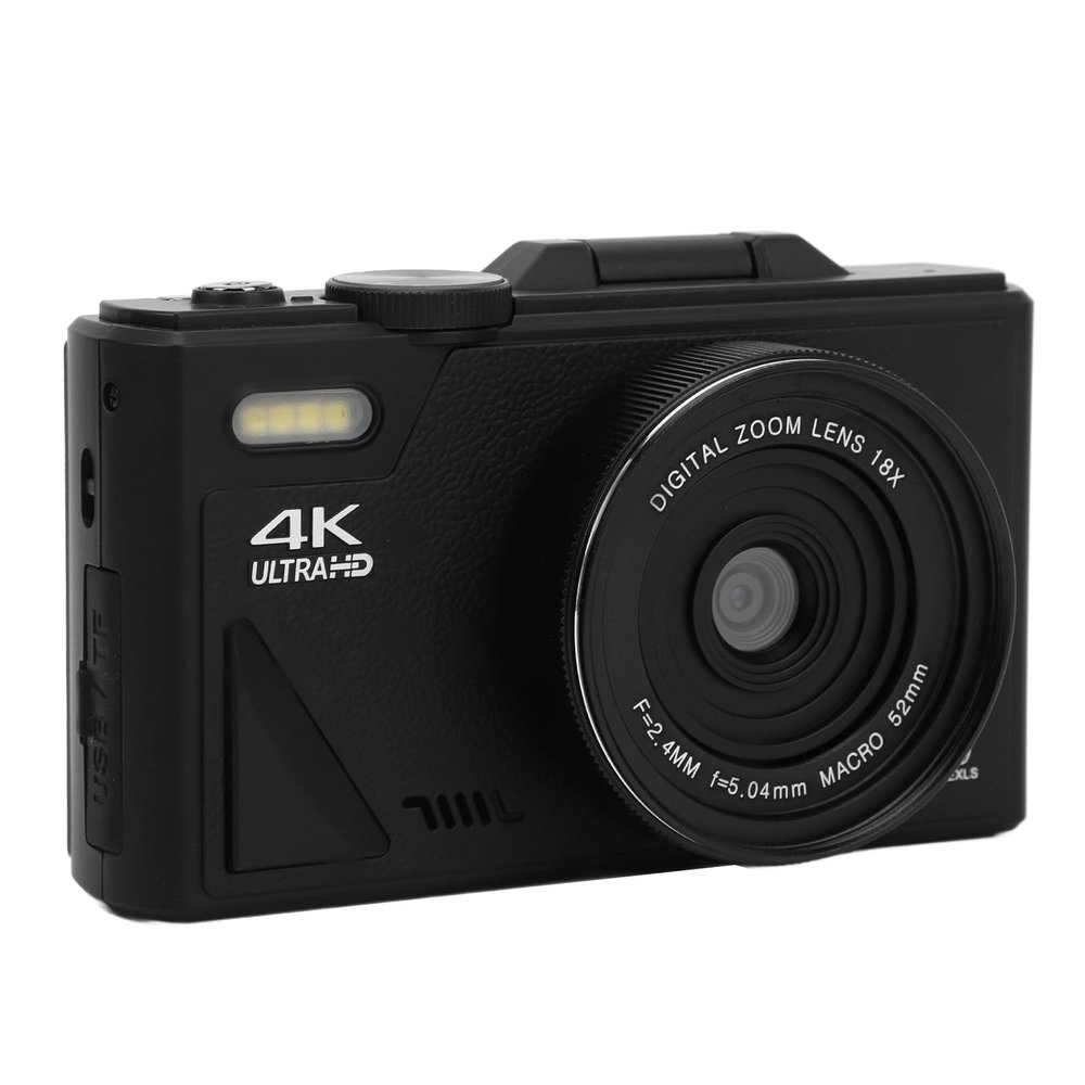 4K Digital Camera, Compact Travel Camera, 64MP 18X Zoom Autofocus Retro Compact Digital Camera with 3 Inch Flip Screen for Travel Photography Vlogging (Black)