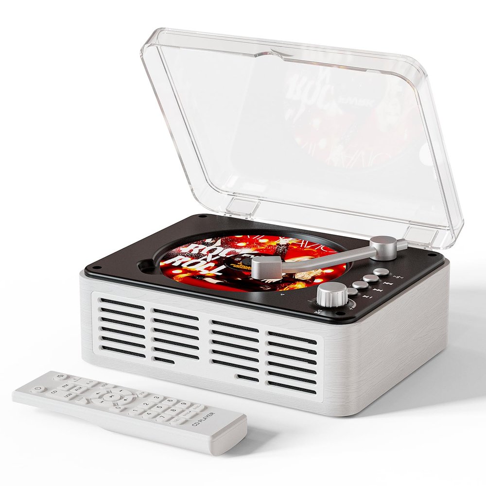 CARONSORT CD Player with Bluetooth Transmitter, Nostalgic Retro Wood Music Player, Built-in Speakers-Bass Boost, FM Radio for Home/Wired&Remote Control-White
