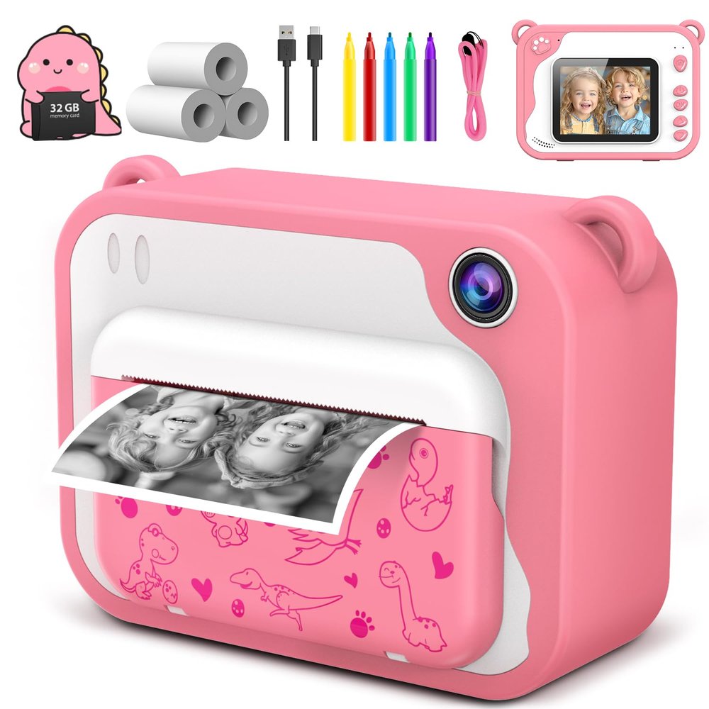 Usteetic Kids Instant Print Camera for Toddlers - Ink Free Printing, Dinosaur Design, Perfect for Boys & Girls Aged 3-12 (Pink)