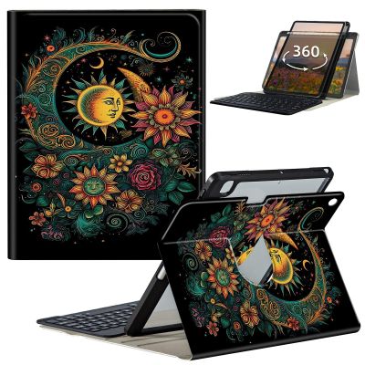 GFRGTFHYT Keyboard Case for Samsung Galaxy Tab A9+ Plus 11 Inch 2023 (SM-X210/X216/X218) with 360 Degree Rotating Slim Stand Cover with Detachable Wireless Keyboard & S Pen Holder, Sun Moon Flower