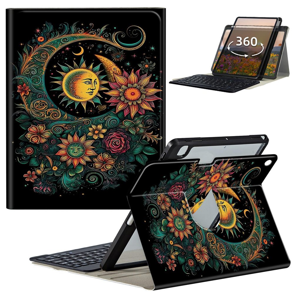 GFRGTFHYT Keyboard Case for Samsung Galaxy Tab A9+ Plus 11 Inch 2023 (SM-X210/X216/X218) with 360 Degree Rotating Slim Stand Cover with Detachable Wireless Keyboard & S Pen Holder, Sun Moon Flower