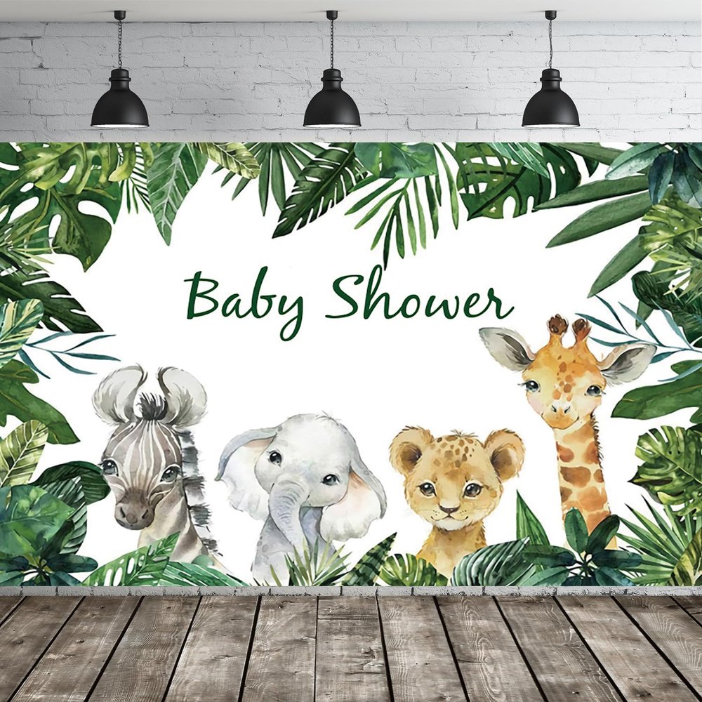 15x10ft Safari Baby Shower Backdrop Cartoon Elephant Lion Giraffe Green Leaves Photography Background Jungle Wild Animals Theme Party Decorations Banner Photo Studio Props