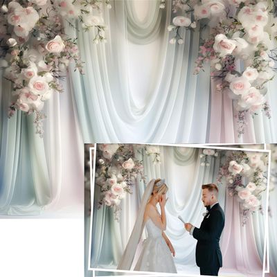 10x6.5ft Floral Wedding Backdrop Pink White Rose Flowers Bridal Shower Photography Background Light Blue Silk Curtains Decorations Engagement Party Portrait Photo Booth Props