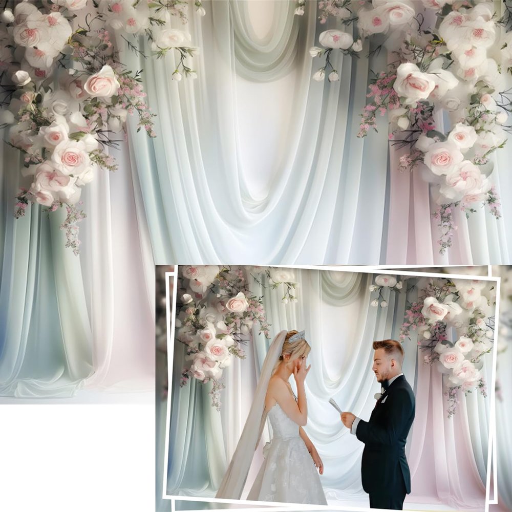10x6.5ft Floral Wedding Backdrop Pink White Rose Flowers Bridal Shower Photography Background Light Blue Silk Curtains Decorations Engagement Party Portrait Photo Booth Props