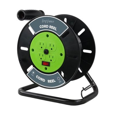 HeyYance Extension Cord Storage Reel with 4-Grounded Outlets, Heavy Duty Open Cord Reel for 12/3 14/3 16/3 Power Cords, Portable Empty Hand Crank Electric Cord Roller Holder, Green