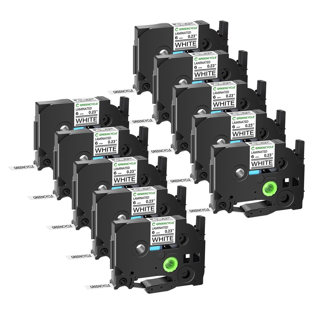 GREENCYCLE 10 Pack Compatible for Ptouch AZe TZ Tape TZe-211 TZ-211 6mm 0.23 Laminated White Label Tape AZe211 TZ211 for Ptouch Label Maker PT-H110 PT-D610BT PT-D410