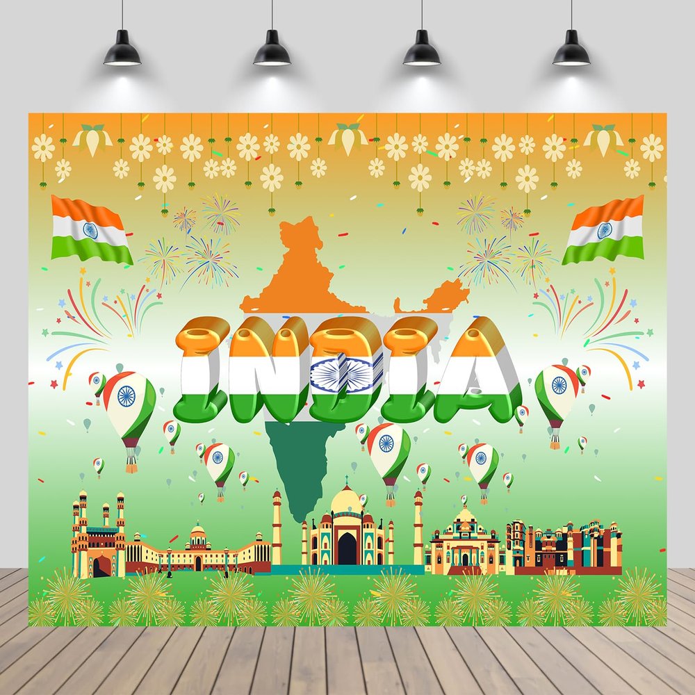 CHNYWORK 8x6ft India Day Backdrop Indian National Flag India Traditional Symbols 15th August Independence Day Historical Landmark Background Indian Theme Party Decorations Photo Studio Props