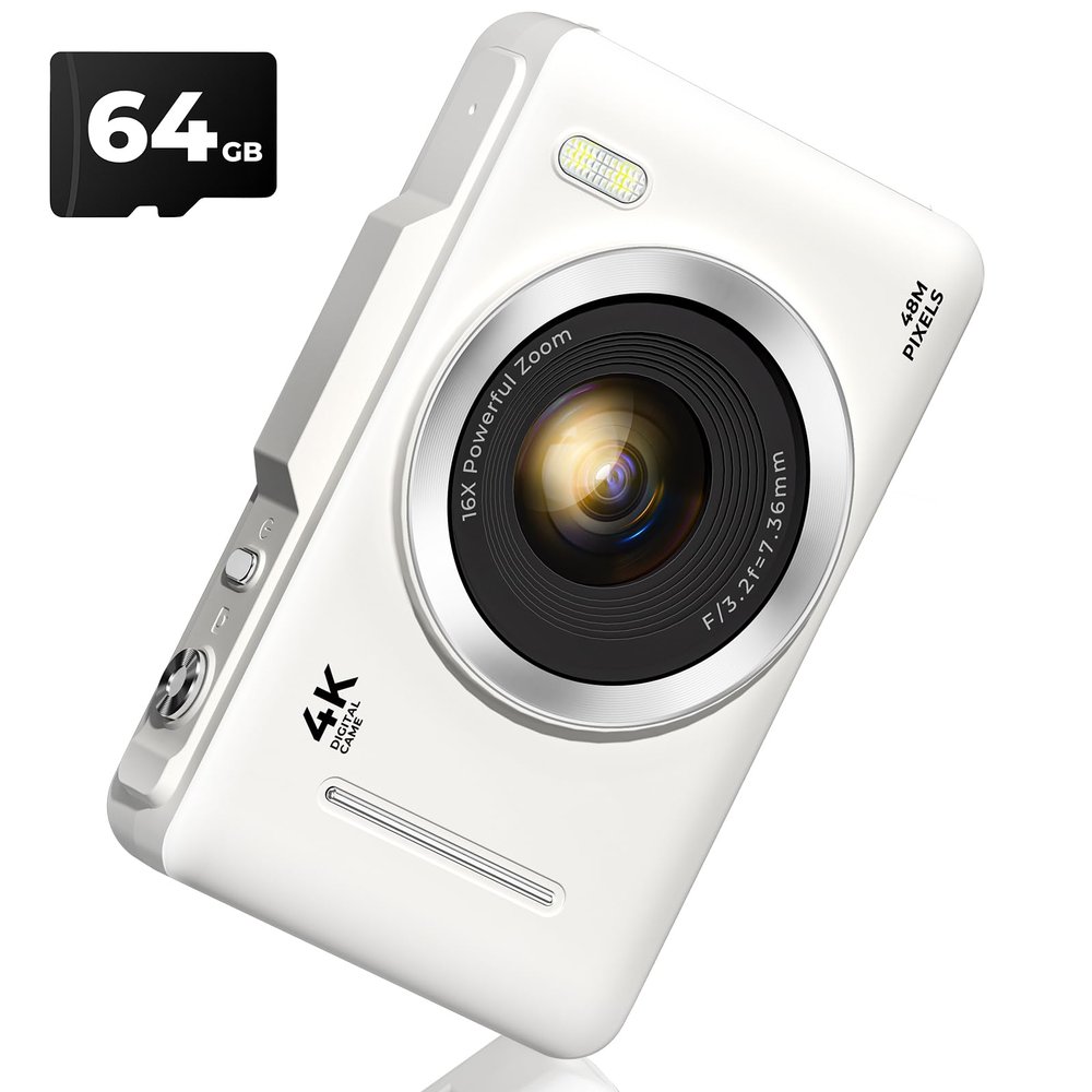 kiisda Digital Camera, Upgrade FHD 1080P Digital Camera for Kids with 64 GB SD Card,16X Zoom Anti-Shake, Compact Small Camera for Teens Adult Beginner Idea Christmas Birthdays Gift,White