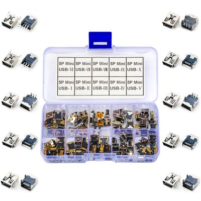 JTSINERU Mini USB Female PCB Mount Connector Assortment Kit, Mini USB Female Socket with 10 Types 5-Pin Jack Connector Female Port DIP 90/180 Degree SMD SMT PCB Jack SocketJTS-Mini-USB
