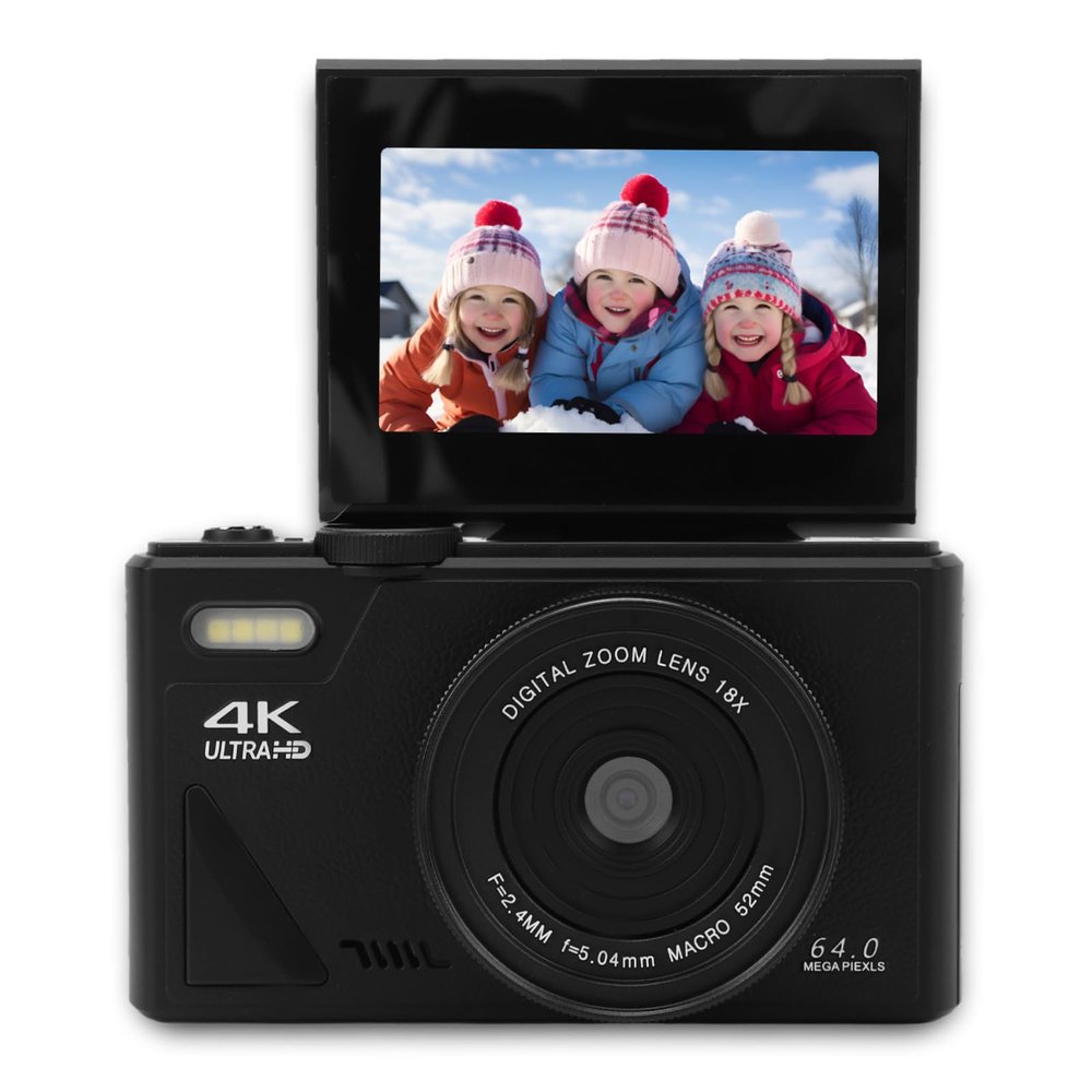 4K Digital Camera for Photography, 18X Zoom Autofocus Retro Video Camera Camcorder with 3 Inch Flip Screen, 64MP Travel Compact Camera for Selfie Vlogging (Black)