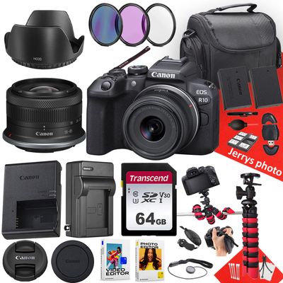 Canon EOS R10 Mirrorless Camera with RF-S 18-45mm f/4.5-6.3 is STM Lens + 64 GB Memory + Hood + Extra Battery + Battery Charger + Filters + More (27pc Bundle), Black (Renewed)