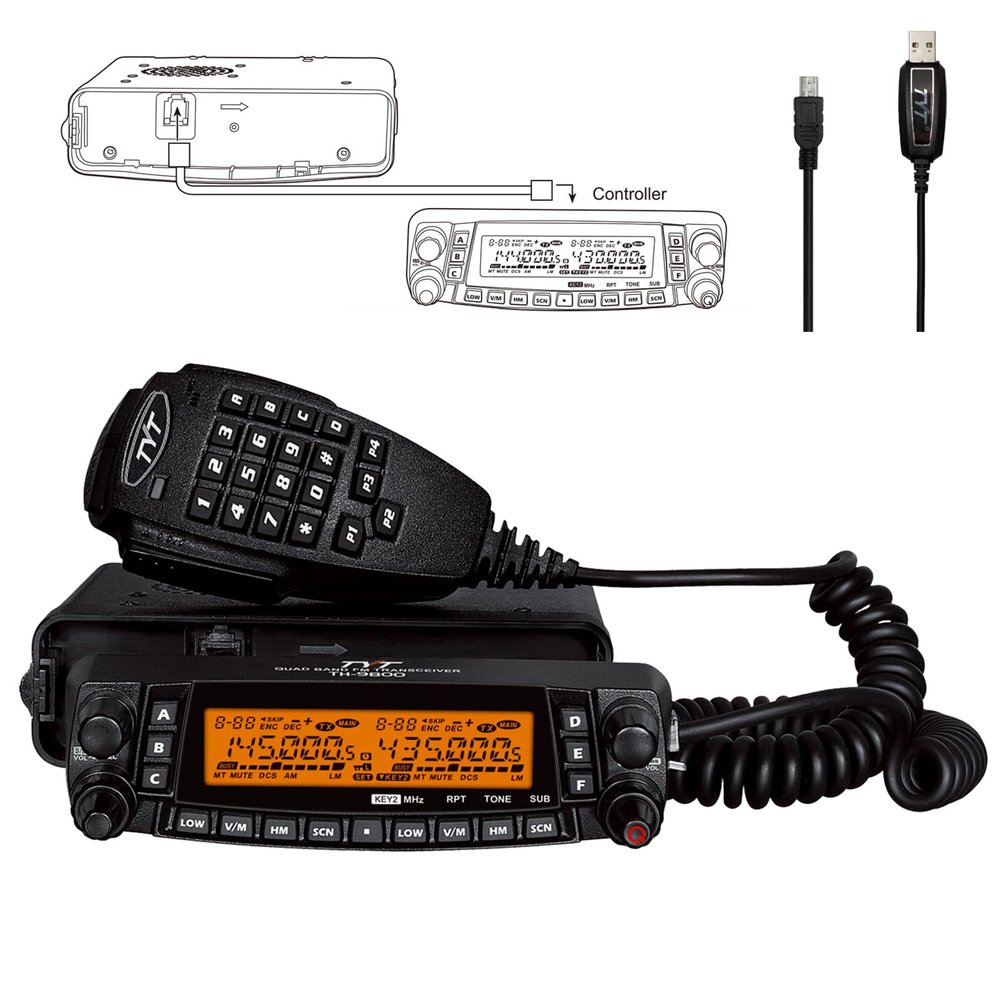 Quad Band Mobile Radio TYT TH-9800 Plus 50W Ham Radio Base Station 10M 6M 2M 70CM Amateur Transceiver for Vehicle Car Road Trip Hiking Cross-Band, Detachable Front Panel, Microphone, Programming Cable