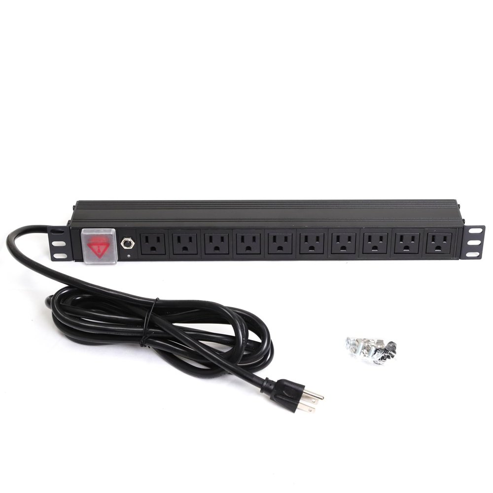 Aeons 1U 19" Rack Mount Server Network PDU Power Strip, 10 Right Angle Outlets 15A Switch, Overload Protector, 10ft Power Cord, Rackmount Metal Slim Design, UL