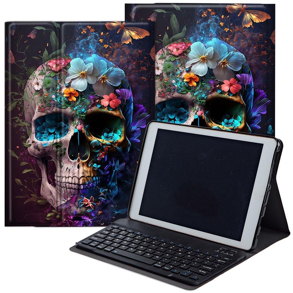 DEGDFSGR for Samsung Galaxy Tab A8 10.5 Case with Keyboard, Detachable Wireless Keyboard Magnetic Closure Protective Cover Case for Samsung Tab A8 2022[SM-X200 X205 X207], Flower Butterfly Skull