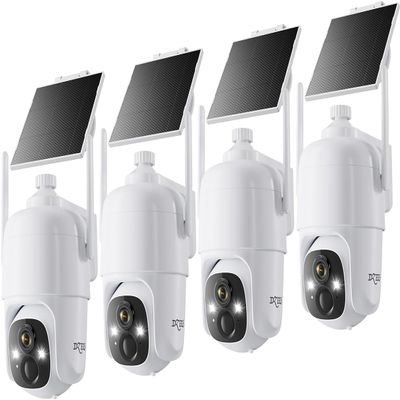 Dzees Solar Security Cameras Wireless Outdoor, 2K Battery Powered Security Camera, 360 PTZ Camera with Spotlight, Siren, Color Night Vision, AI Dectection, IP66 for Home Security, 2.4GHz 4-Pack