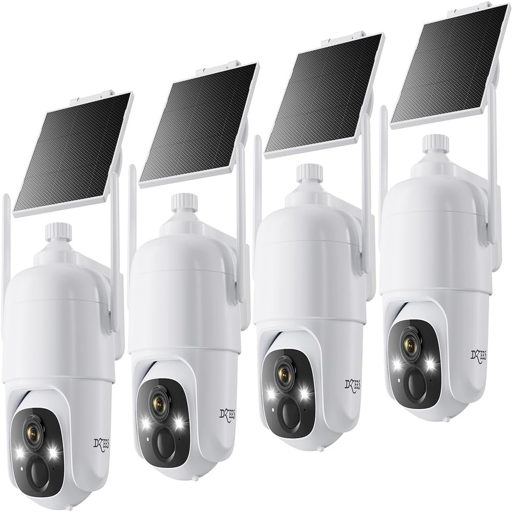 Dzees Solar Security Cameras Wireless Outdoor, 2K Battery Powered Security Camera, 360 PTZ Camera with Spotlight, Siren, Color Night Vision, AI Dectection, IP66 for Home Security, 2.4GHz 4-Pack