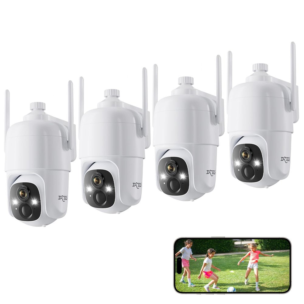 Dzees 360 PTZ Security Cameras Wireless Outdoor WiFi, 2K Battery Powered Home Security Camera Indoor, Spotlight & Siren, Color Night Vision, 2-Way Talk, AI Motion Detection, IP66, SD/Cloud 4-Pack