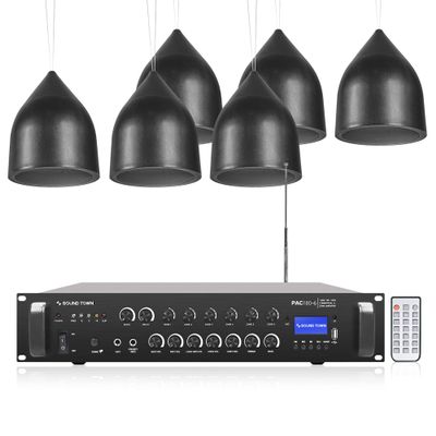 Sound Town Commercial Restaurant Bluetooth Amplifier + Pendant Speaker Set, with One 6-Zone 70V/100V Amplifier with Bluetooth, 6 x Weather-Resistant 6.5-Inch Pendant Speakers, Black (PAC180X6PD6B)