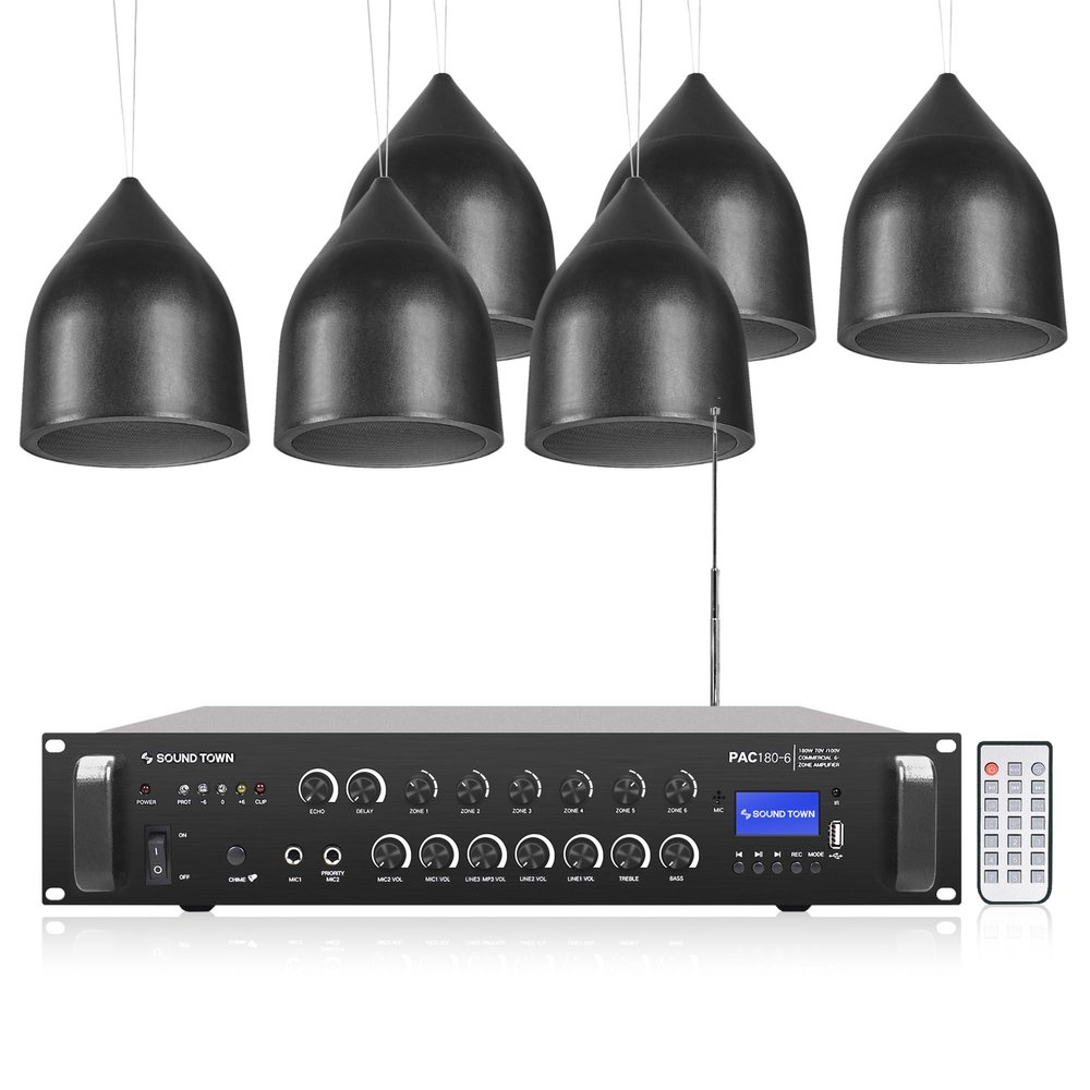 Sound Town Commercial Restaurant Bluetooth Amplifier + Pendant Speaker Set, with One 6-Zone 70V/100V Amplifier with Bluetooth, 6 x Weather-Resistant 6.5-Inch Pendant Speakers, Black (PAC180X6PD6B)
