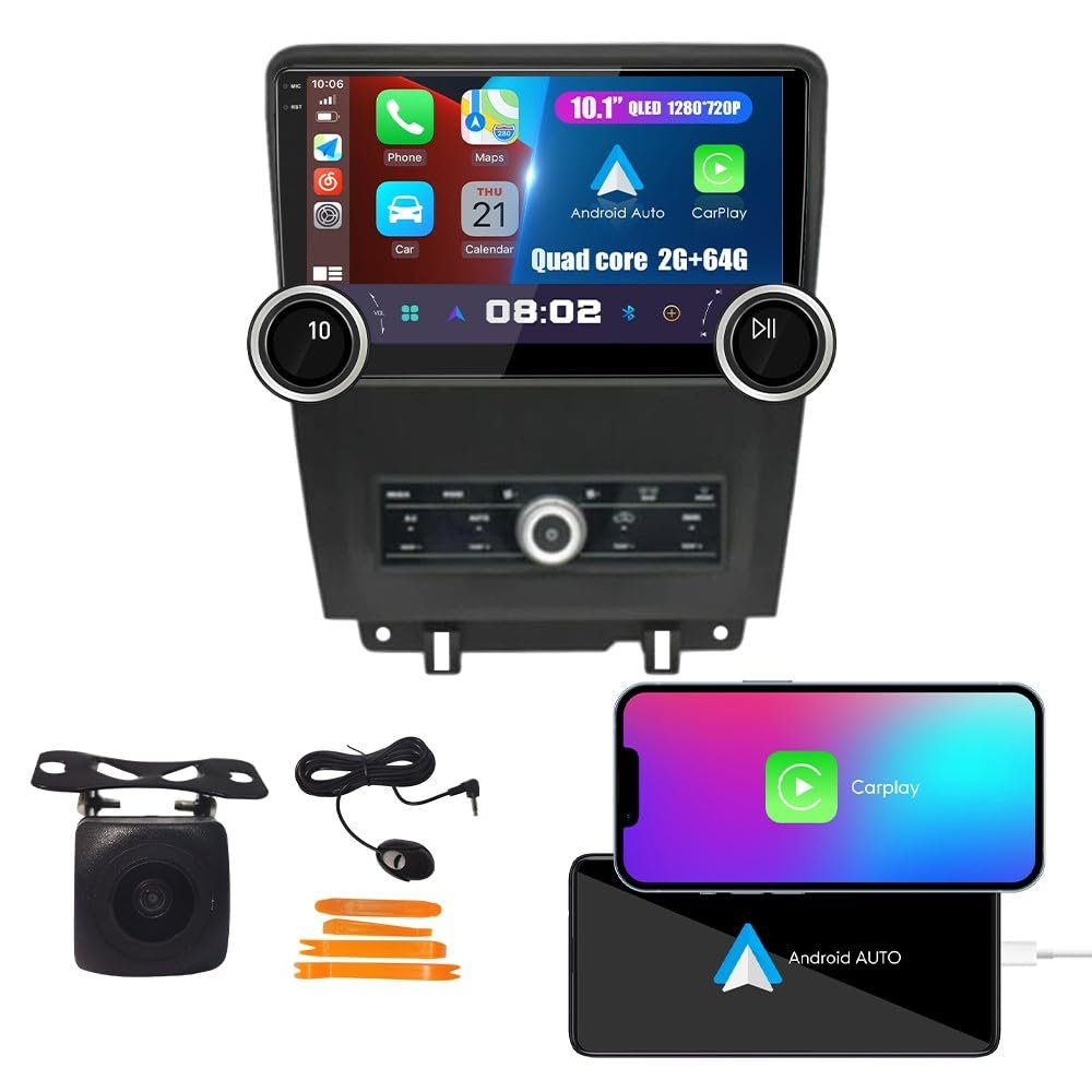 Physical Display Knobs CarPlay/Android Auto Autoradio FM Radio Car Navigation Stereo Pad Player GPS 10.1" QLED Touch Screen BT Headunit Tablet for Ford Mustang 2010-2014 AUTO AC Quad Core 2G+64G