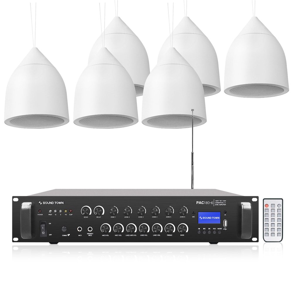 Sound Town Commercial Restaurant Bluetooth Amplifier + Pendant Speaker Set, with One 6-Zone 70V/100V Amplifier with Bluetooth, 6 x Weather-Resistant 6.5-Inch Pendant Speakers, White (PAC180X6PD6W)