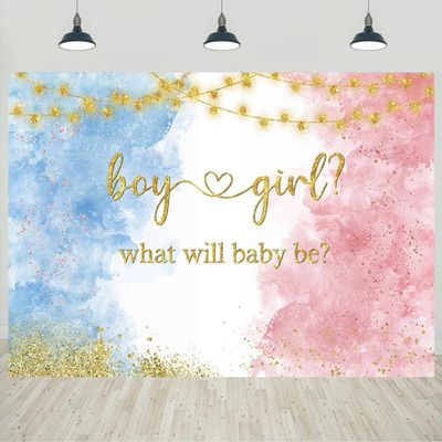 15x8ft Gender Reveal Backdrop Boy or Girl What Will Baby Be Watercolor Blue or Pink Gold Dots Photography Background Gender Reveal Party Decorations Banner Photo Studio Props