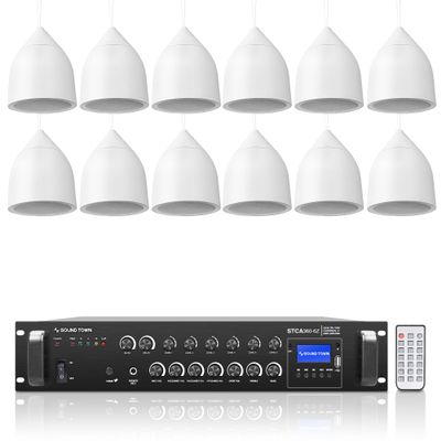 Sound Town Commercial Restaurant Bluetooth Amplifier + Pendant Speaker Set, with One 6-Zone 70V/100V Amplifier with Bluetooth, 12 x Weather-Resistant 6.5-Inch Pendant Speakers, White (STCA360X12PD6W)