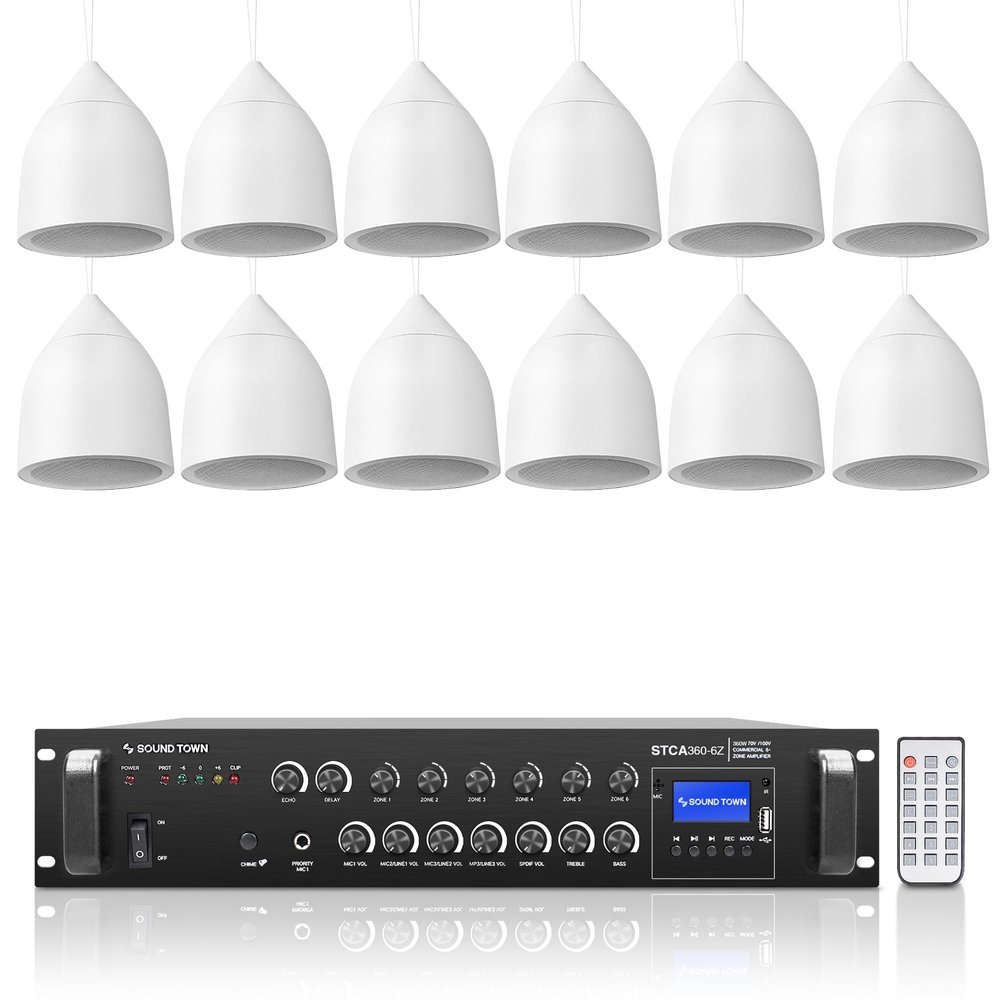Sound Town Commercial Restaurant Bluetooth Amplifier + Pendant Speaker Set, with One 6-Zone 70V/100V Amplifier with Bluetooth, 12 x Weather-Resistant 6.5-Inch Pendant Speakers, White (STCA360X12PD6W)