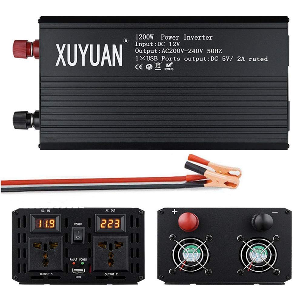 1200W Peak 2400W Pure Sine Voltage Converter Inverter 12V / 24V to 230V Converter Pure Sine Power Inverter with USB Charging Connection and Direct Connection to Battery,12Vto220V