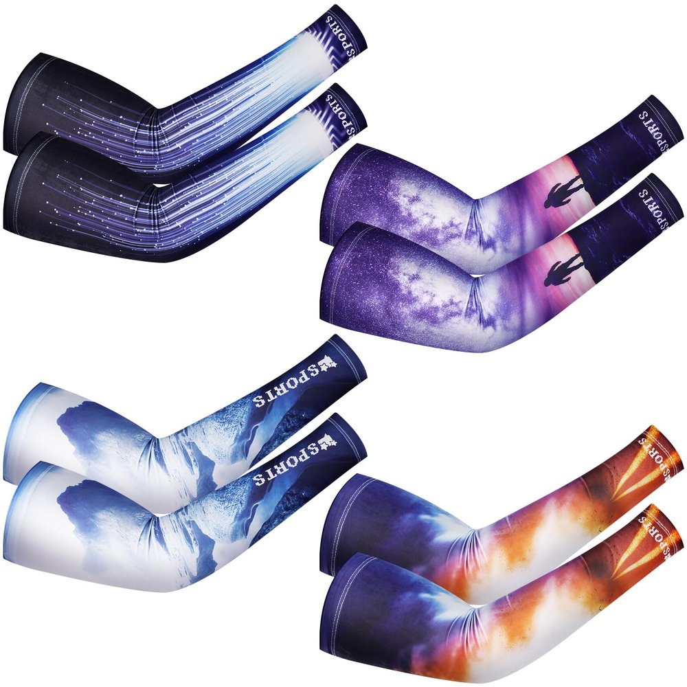 Newcotte 4 Pairs UV Sun Protection Arm Sleeves Cooling Sports Sleeve Anti Slip Ice Silk Warmers Arm Covers for Men Women(Purple,Medium)