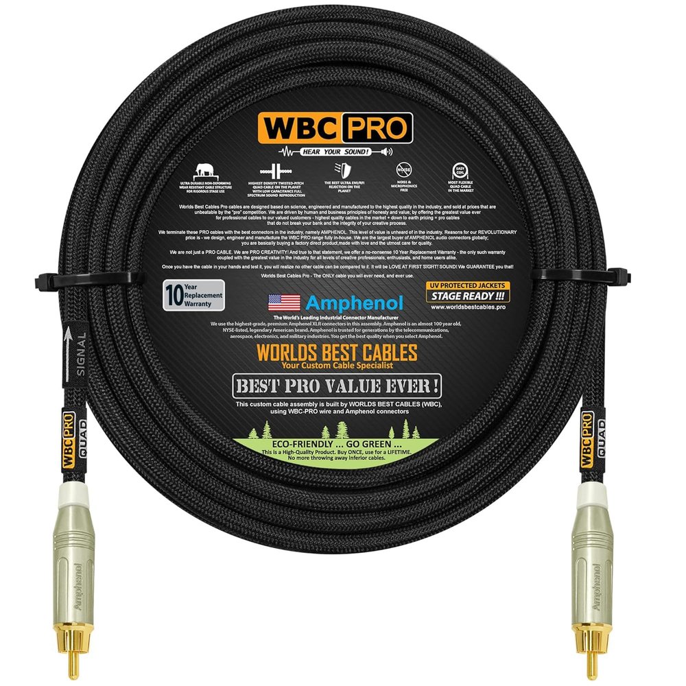 100 Foot - WBC-PRO-Quad Ultra-Silent, Ultra-Flexible, Star-Quad Center-Channel, Subwoofer Cable with Amphenol ACPR-SWH Die-Cast, Gold Plated RCA Connectors & Black Tweed Jacket  Directional Design