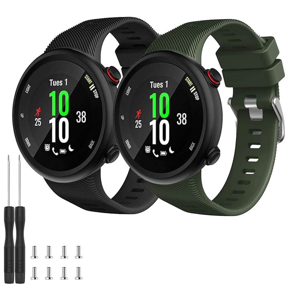 2 Pack Waterproof Band Compatible with Garmin Forerunner 45 Watch Band, Soft Silicone Sport Replacement Watch Band for Women Men (Black/Green)