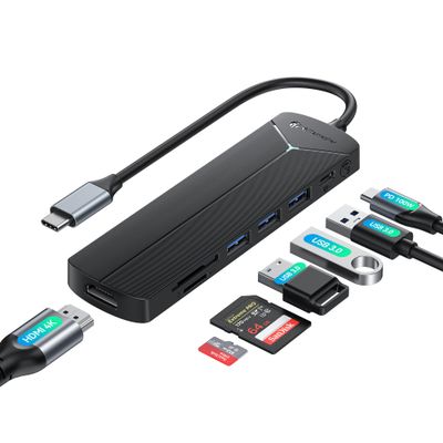 Yottamaster USB-C Hub 7 Ports with SD&TF Card Reader, 4K HDMI Display, Three 5Gbps USB-A Data Ports, 100W PD Input, Powered USB3.0 Hub, USB to HDMI Adapter for PC/Laptop