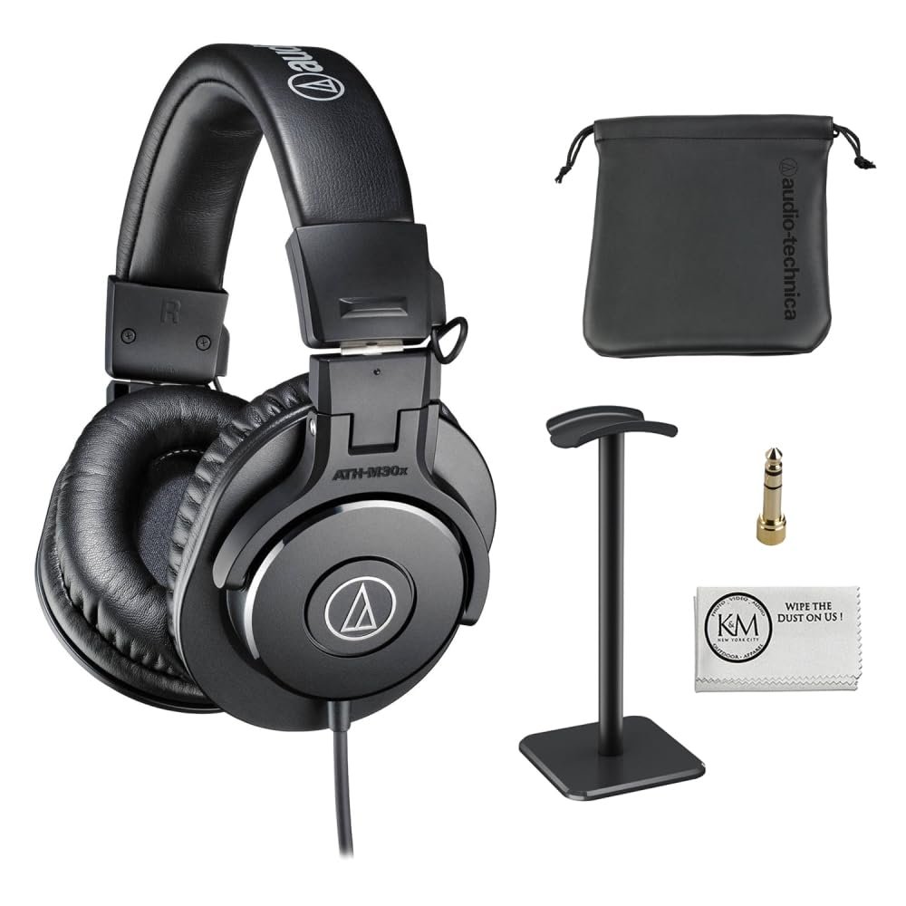 Audio-Technica ATH-M30x Professional Monitor Headphones | Black Bundled with Over The Ear Headphones Stand + Cleaning Cloth (3 Items)