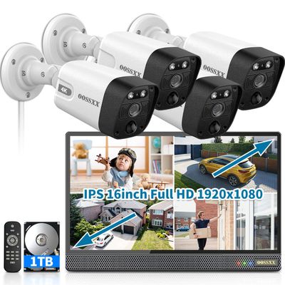 OOSSXX (All-in-One 16" IPS 8MP Monitor) 2-Way Audio PoE Outdoor Home Security Camera System Wired Outdoor Video Surveillance IP Cameras System