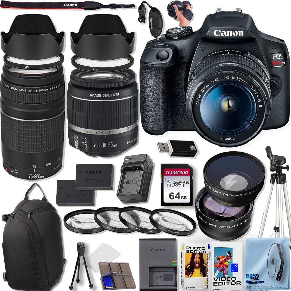 Canon EOS Rebel T7 DSLR Camera with EF-S 18-55MM F/3.5-5.6 is II+ EF 75-300mm f/4-5.6 III Lenses + 50'' Tripod + Camera Shoulder Bag + Deluxe Accessory Bundle, Black (Renewed)